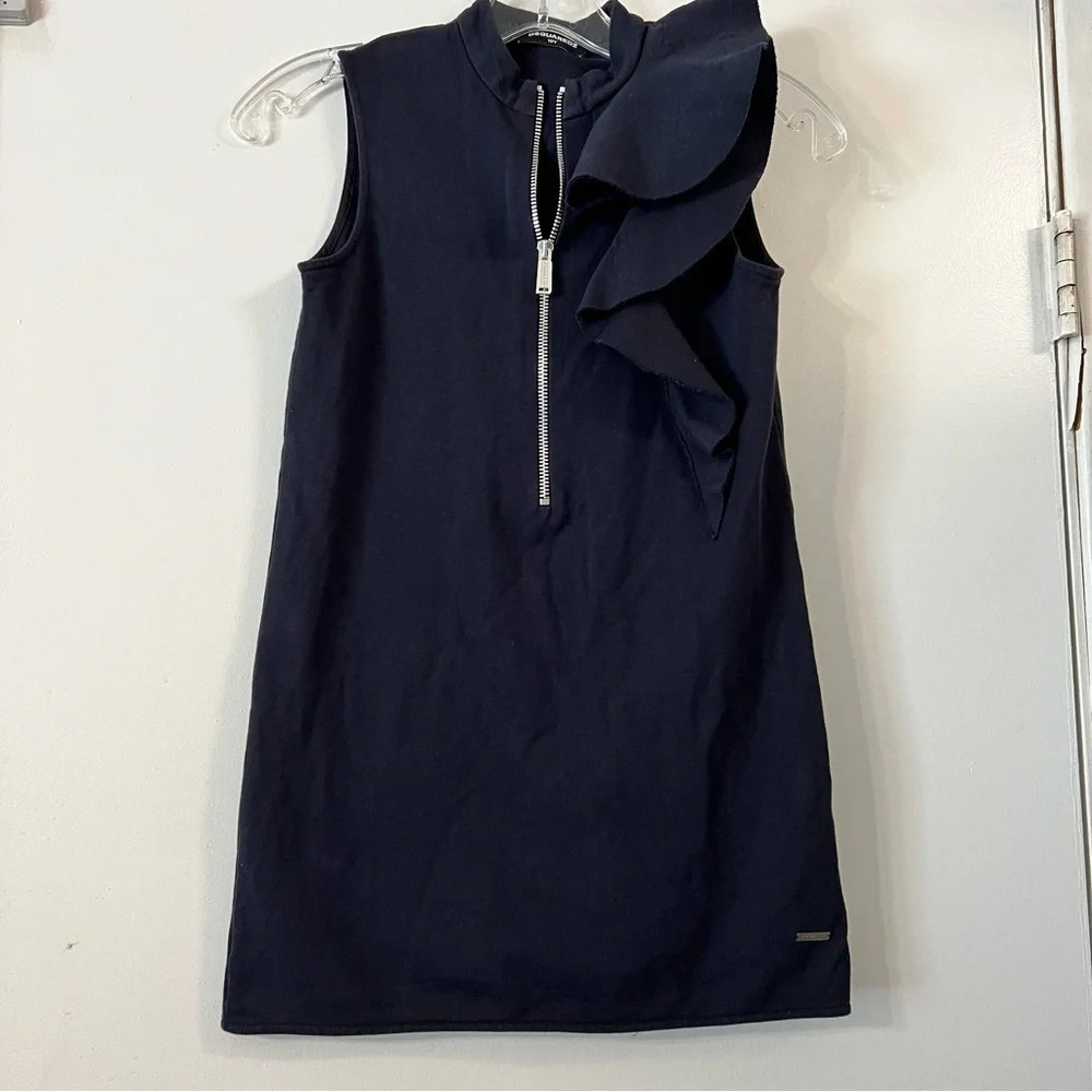DSQUARED2 Navy Blue Shoulder Ruffle Dress Front Zip Girls 10 Cotton